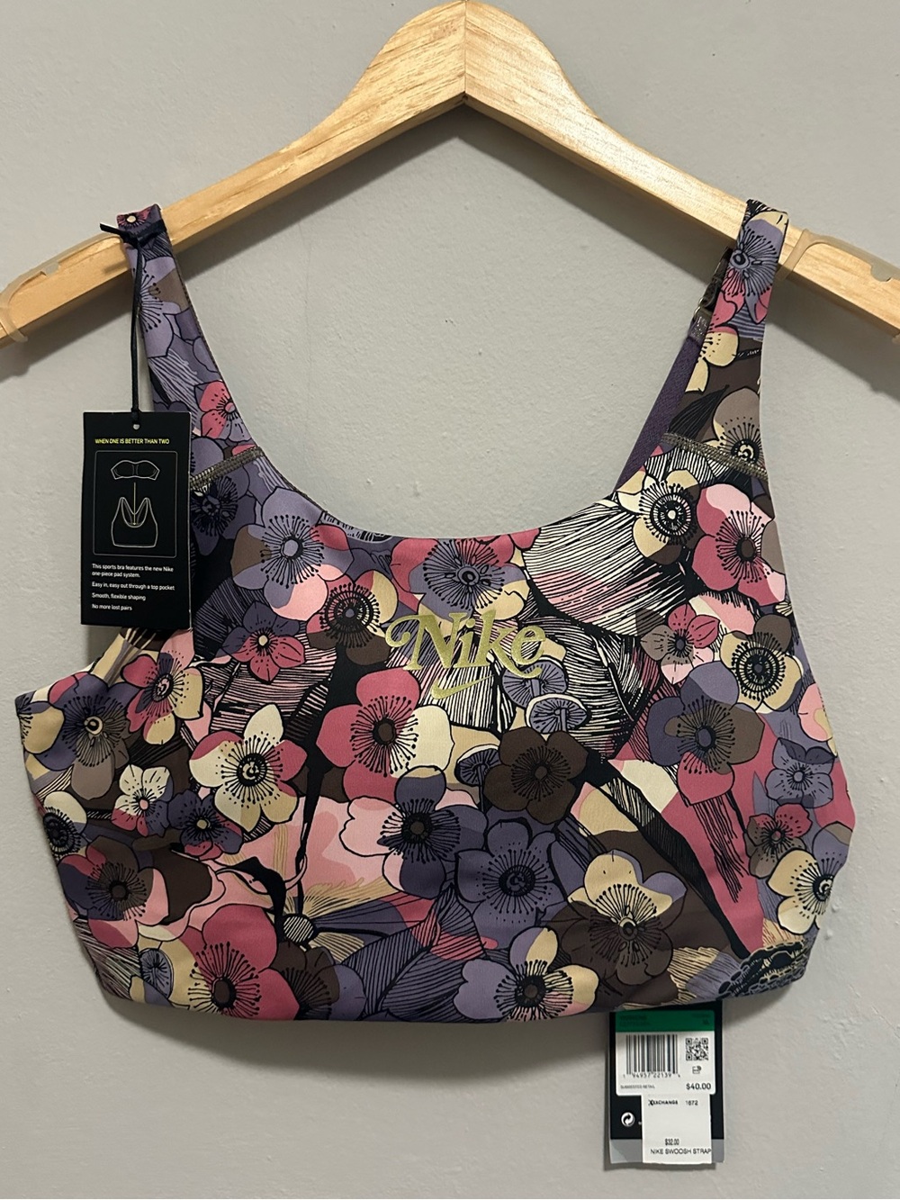 Nike Floral Print Scoop Sports Bra - Pink, Purple, Cream